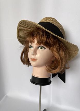Шляпка шляпа с черным бантом соломенная из бумаги романтичная летняя от солнца бежевая2 фото