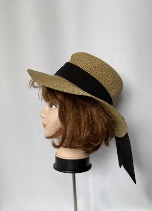 Шляпка шляпа с черным бантом соломенная из бумаги романтичная летняя от солнца бежевая3 фото