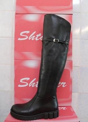 Кожаные зимние черные сапоги ботфорты на низком ходу натуральная кожа