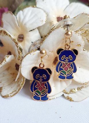 Винтажные серьги-гвоздики*перегородчатая эмаль* панда