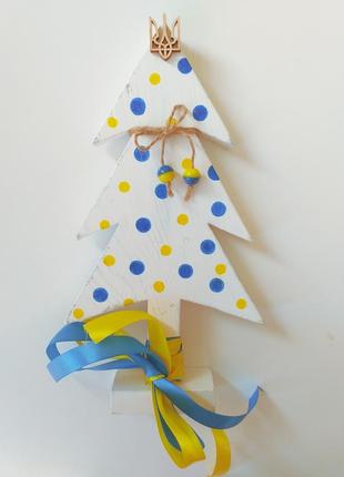 Статуєтка ялинка новорічна з дерева жовто-блакитна ручної роботи2 фото