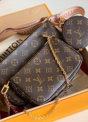 Женская коричневая кожаная сумка в стиле луи витон multi pochette мульти пошет louis vuitton6 фото