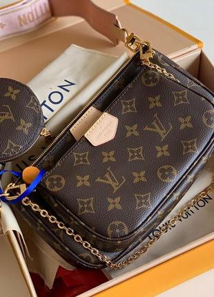 Женская коричневая кожаная сумка в стиле луи витон multi pochette мульти пошет louis vuitton8 фото