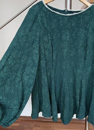 Блузка кофта с жемчужным большим размером зумрудная баска объемные рукава6 фото