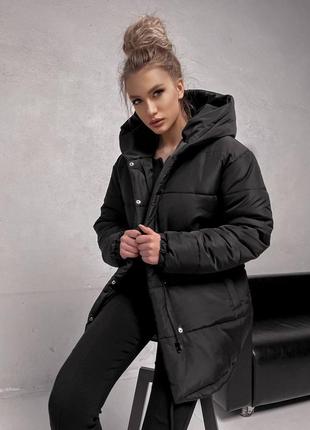 Жіноча куртка зимова тепла чорна коричнева бежева довга стьогана з капюшоном8 фото