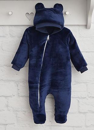 Комбінезон з вушками однотон синій велсофт