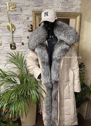 Пальто пуховик с мехом чернобурки, зимний длинный пуховик