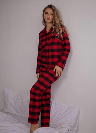 Трикотажна піжамка хлопкова піжамка на гудзиках пижама на пуговицах трендова піжама в клітинку6 фото