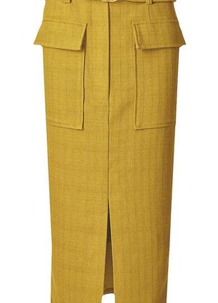 Горчичная юбка карандаш с вырезом/с поясом9 фото