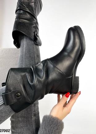 Зимові жіночі шкіряні чоботи з хутром шерстю натуральна шкіра в ковбойському стилі чорні зимні чобітки черевики сапожки зима кожа мех