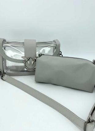 Сіра маленька сумка клатч із косметичкою силіконова прозора міні сумочка через плече з пташками3 фото