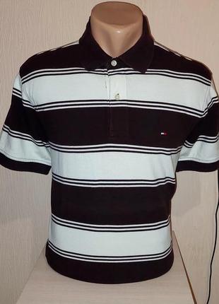 Стильное поло в бело-коричневую полоску tommy hilfiger made in indonesia, молниеносная отправка