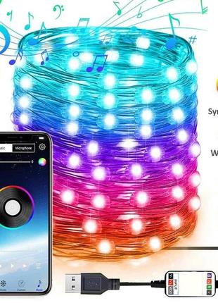 Розумна світлодіодна гірлянда rgb для ялинки та новорічного декору (управління кольору з телефону) 10м 100 led2 фото