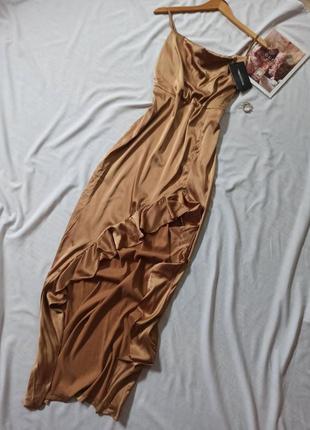 Шикарное сатиновое платье со сборкой на груди с рюшами/асиметричное/с оборками/на тонких бретелях5 фото