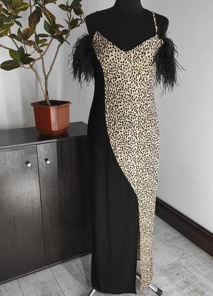 Сукня максі чорне вечірнє плаття з натуральним пір'ям тигровий принт на брительках