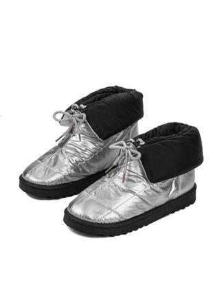 Дутики ботинки зимние с махом плащовка серебристые черные