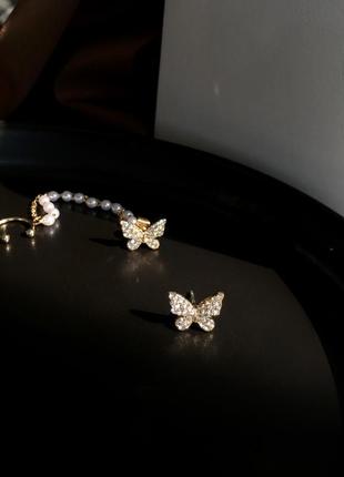 Сережки-трансформер пумери та каф метелика з ланцюжком і перлами 2 способи носіння5 фото