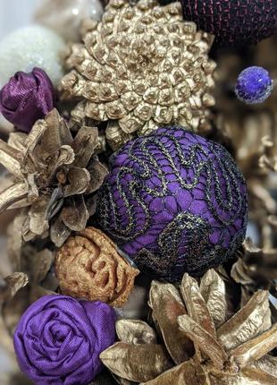 Різдвяний вінок фіолетовий золото, підсвічник, вінок із шишок
