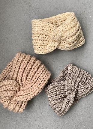 Пов’язка на голову тепла в’язана крупної в’язки солоха чалма тюрбан зимня хутряна ангора бежева сіра