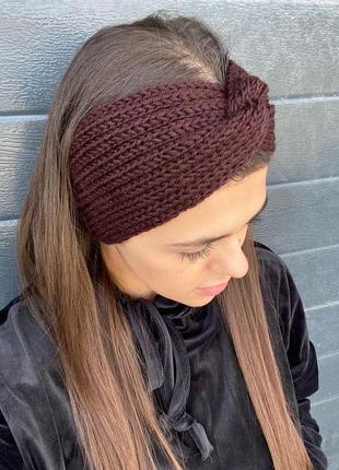 Пов’язка на голову тепла в’язана крупної в’язки солоха чалма тюрбан зимня хутряна ангора бежева сіра5 фото