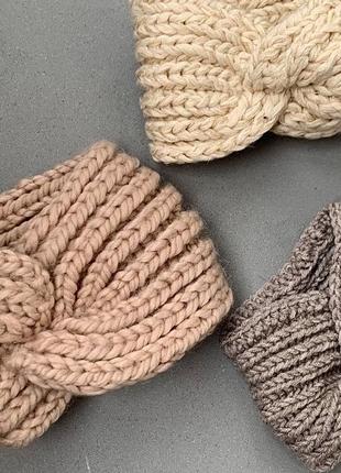 Пов’язка на голову тепла в’язана крупної в’язки солоха чалма тюрбан зимня хутряна ангора бежева сіра2 фото