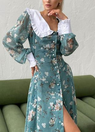 Платье шифон в цветы длинное розлетайка свободного кроя с белым воротником манжетами черное пудра розовое зеленое нарядное