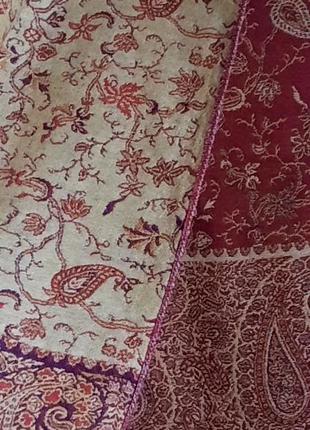 Теплый винтажный стильный красивый шарф в стиле  этно бохо  двосторонний орнамент: (цветы,турецкие огурчики ) индия, 100% шерсть4 фото