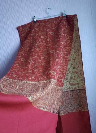 Теплый винтажный стильный красивый шарф в стиле  этно бохо  двосторонний орнамент: (цветы,турецкие огурчики ) индия, 100% шерсть