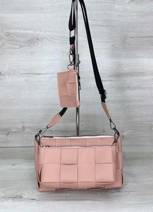 Молодіжна рожева сумка клатч 3 в 1 трійка крос-боді пудрова плетена міні сумочка через плече1 фото
