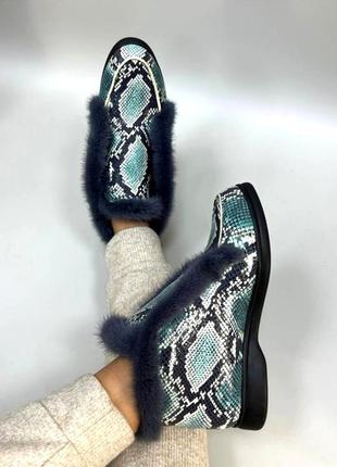 Дизайнерские ботинки лоферы опушка норка питон кожм осень зима3 фото