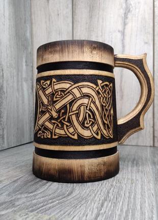 Кухоль для пива дерев'яний в стилі вікінгів1 фото