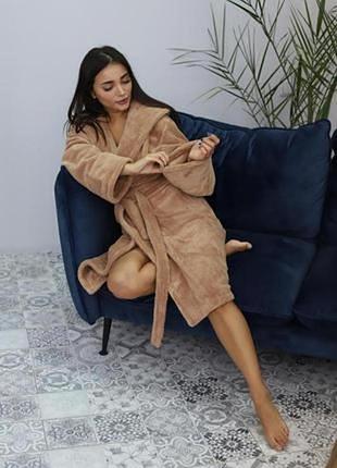 Якісний теплий грубий махровий беж халат з капюшоном на підлітка 10-12 років турция