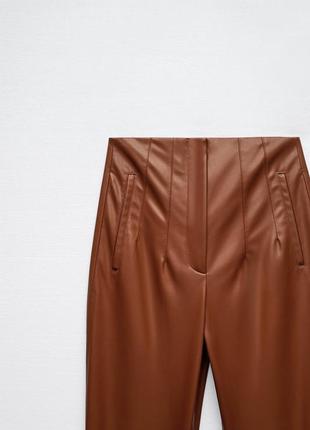 Коричневые брюки с высокой посадкой эко кожи zara кожаные штаны зара лосины леггинсы4 фото