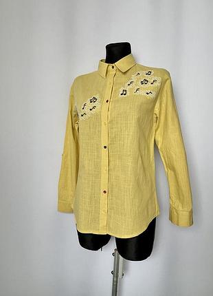 Желтая блуза рубашка ноты нотный стан музыкальная вышивка винтажная сорочка длинный рукав музыкант