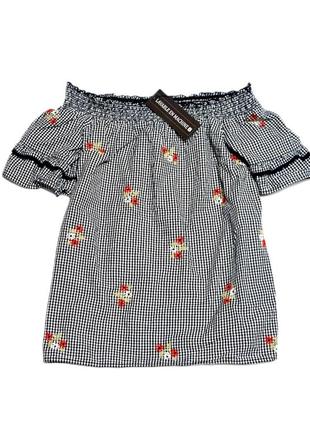 Брендовая блуза в клетку топ с открытыми плечами f&f индия вышивка этикетка1 фото