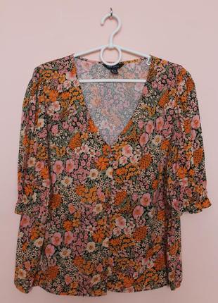 Натуральна квіткова яскрава блузка, блуза, блузон на гудзиках, сорочка, рубашка 50-52 р.1 фото