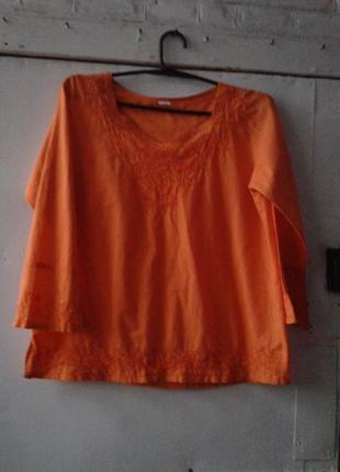 Оранжевая батистовая блуза с вышивкой и пайетками вышиванка с рукавами 7/8 индия батал3 фото