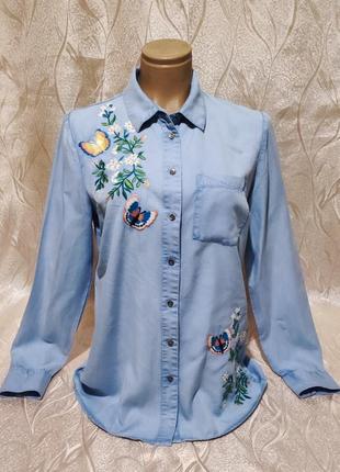 Голубая рубашка блузка варенка вышивка лиоцелл с 44