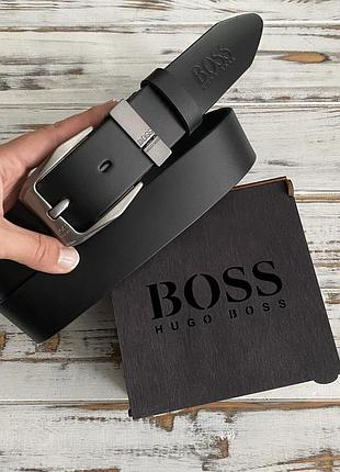 Ремінь чоловічий шкіряний чорний в стилі boss