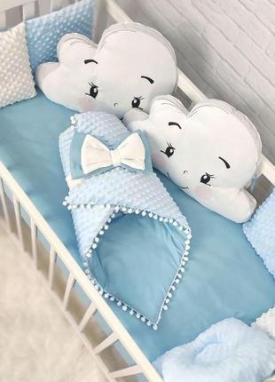 Комплект детского постельного белья c защитой, подушкой, одеялом и бантом, голубой3 фото