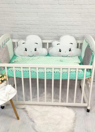 Комплект детского постельного белья c защитой, подушкой, одеялом и бантом, зеленый8 фото