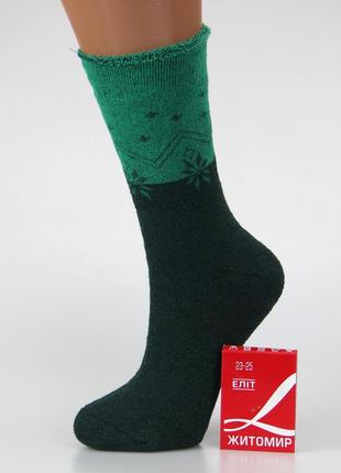 Шкарпетки жіночі махрові високі 23-25 розмір (36-40 взуття) орнамент зимові зелений