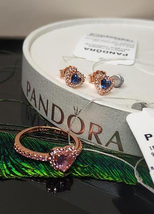 Кольцо серьги набор пандора серебро 925 проба цирконий ale розовое золото 188421c04 синий розовый камень пусеты сердце логотип бренда пломба бирка