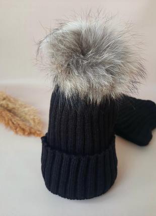 Зимовий комплект шапка з натуральним помпоном та хомут2 фото