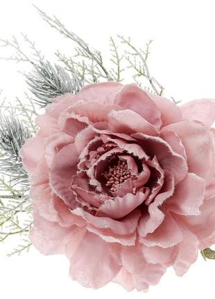 Квіти новорічні півонія рожева з зимовим декором1 фото