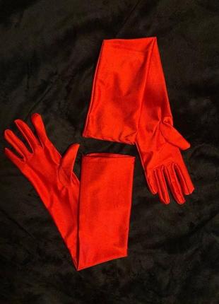 Перчатки атлас рукавички длинные тряпочные красные червоні3 фото