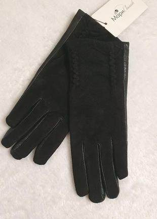 Стильні рукавички з м'якої натуральної шкіри та натурального замшу з декоративним елементом "дгжути".8 фото