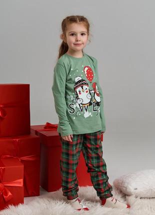Комплект на дівчинку зі штанами в клітинку - новорічні пінгвіни - family look мама/донька