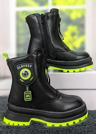 Ботинки зимние детские для девочки черные на зеленой подошве lilin