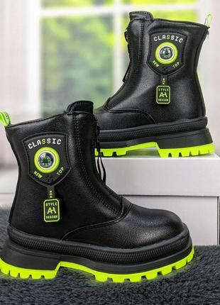 Ботинки зимние детские для девочки черные на зеленой подошве lilin3 фото
